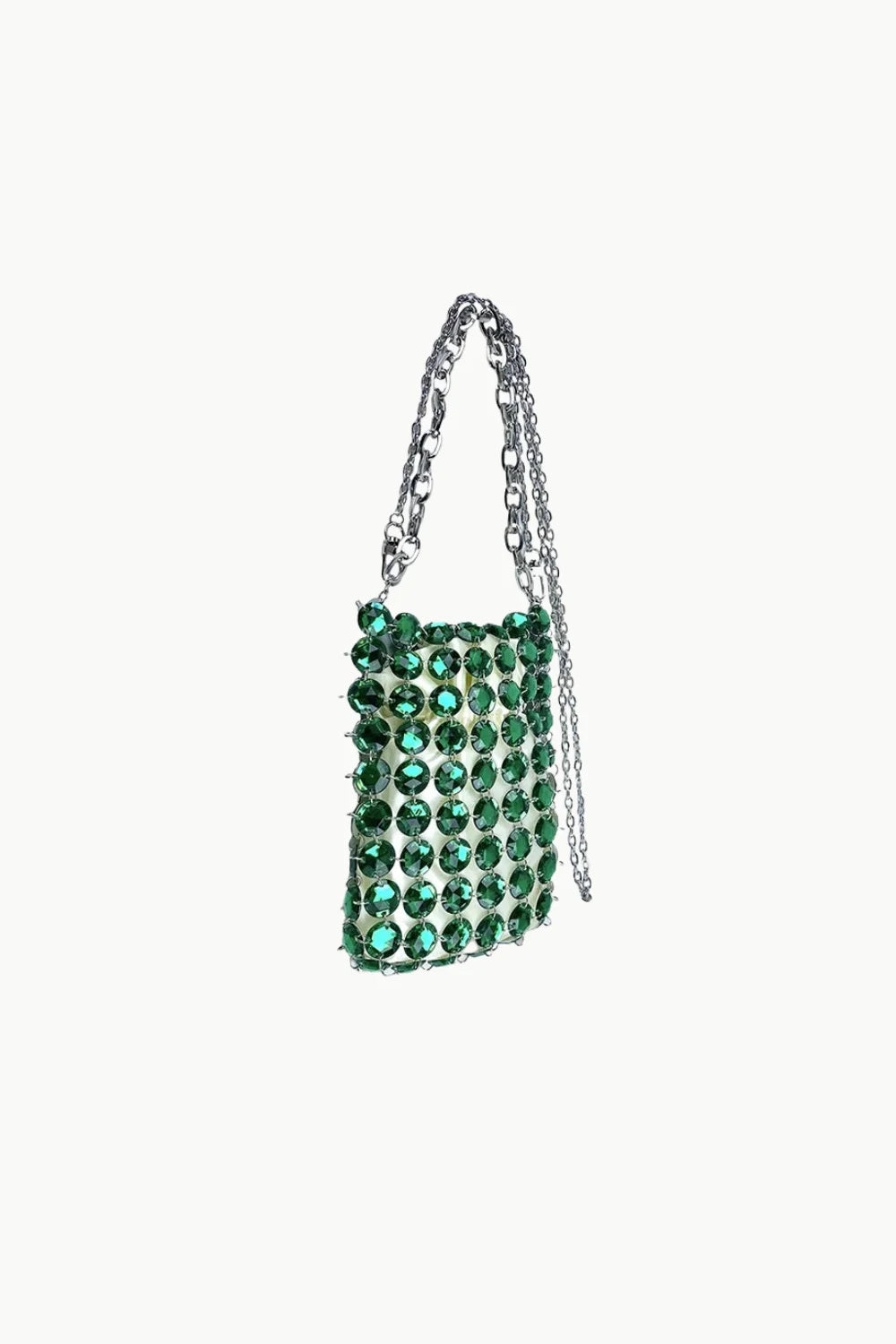 Green beaded crossbody handbag with silver chain strap, stylish green beaded accessory