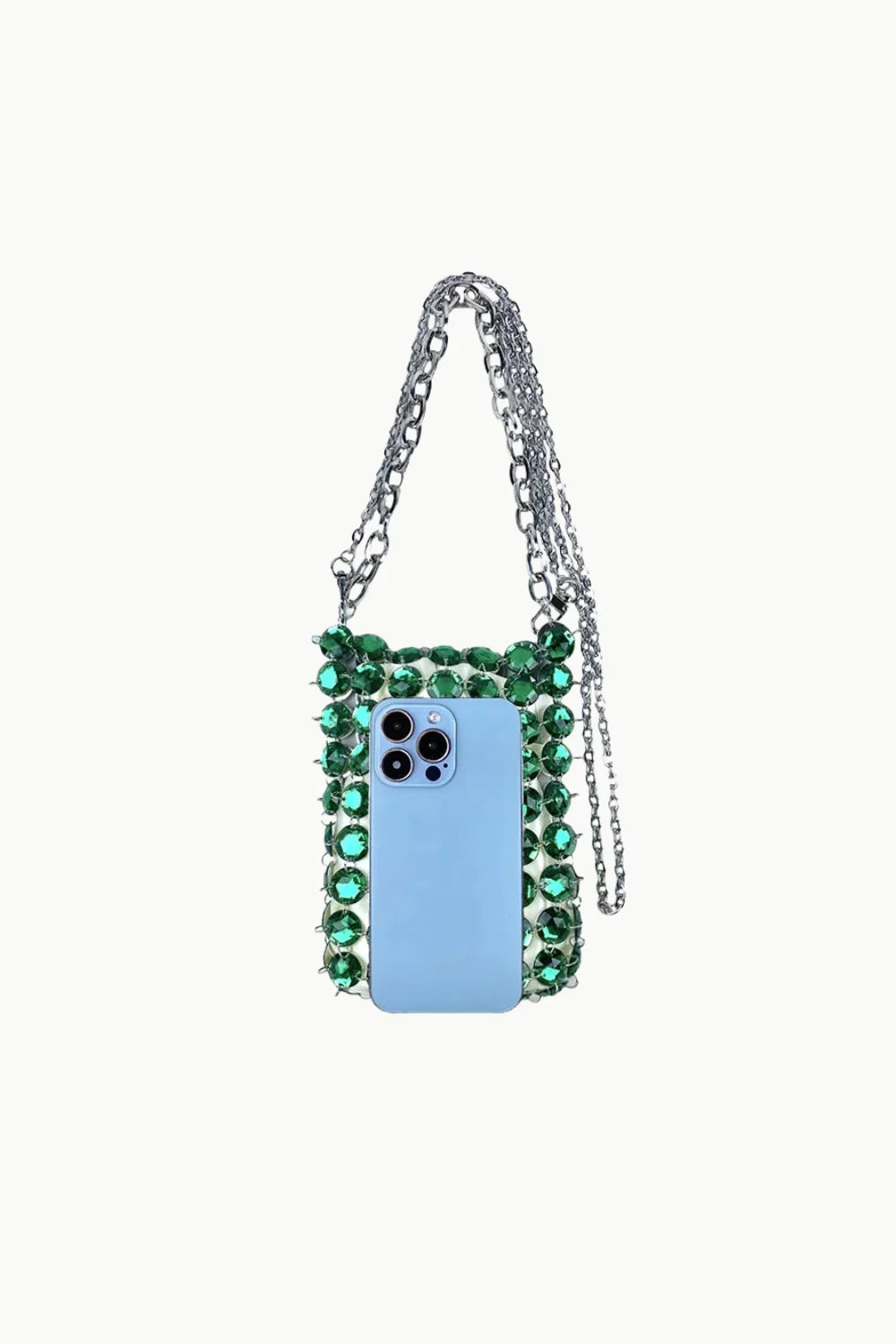 Light blue smartphone in a green beaded crossbody bag with silver chain strap