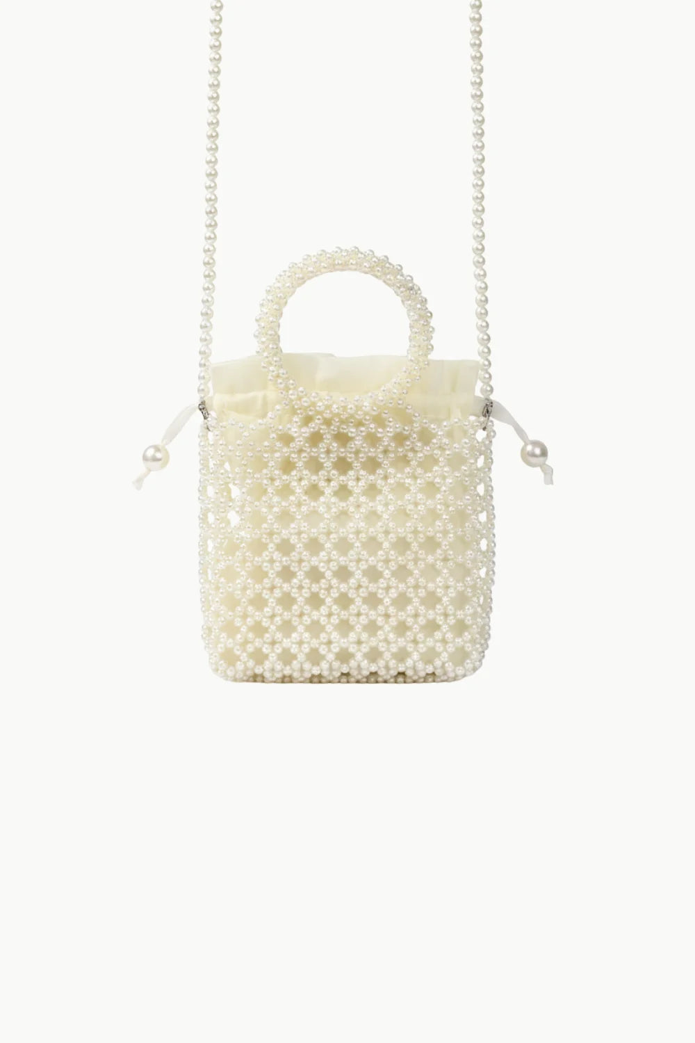 Off-white hand beaded bag with pearl-embellished top handle and long pearl strap