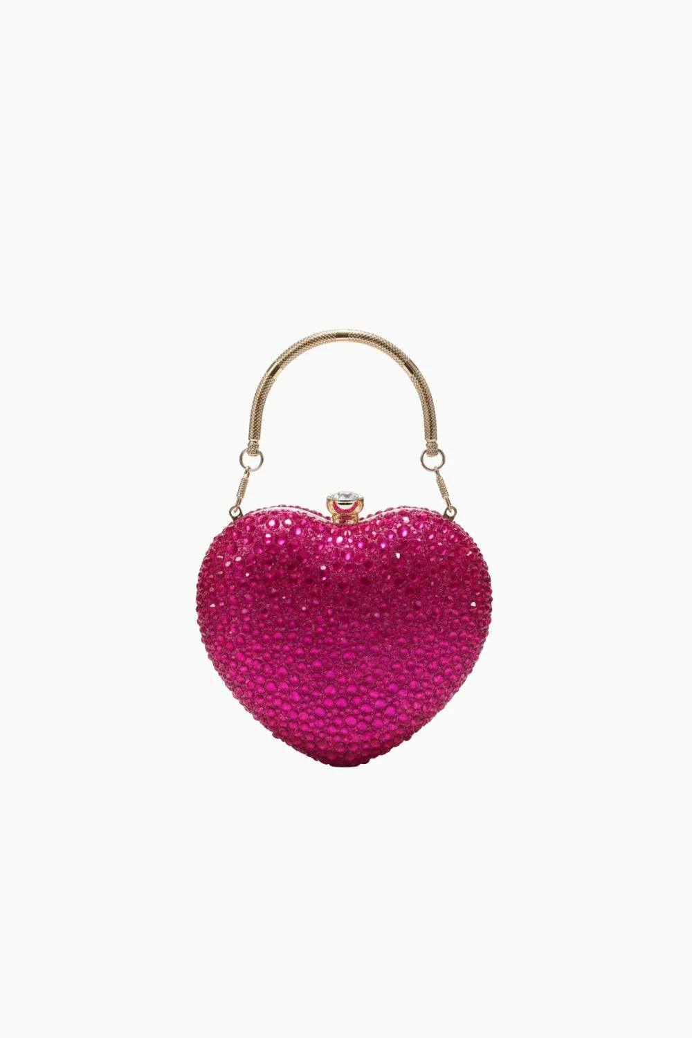 Sparkling hot pink heart shaped beaded bag with gold handle for stylish occasions