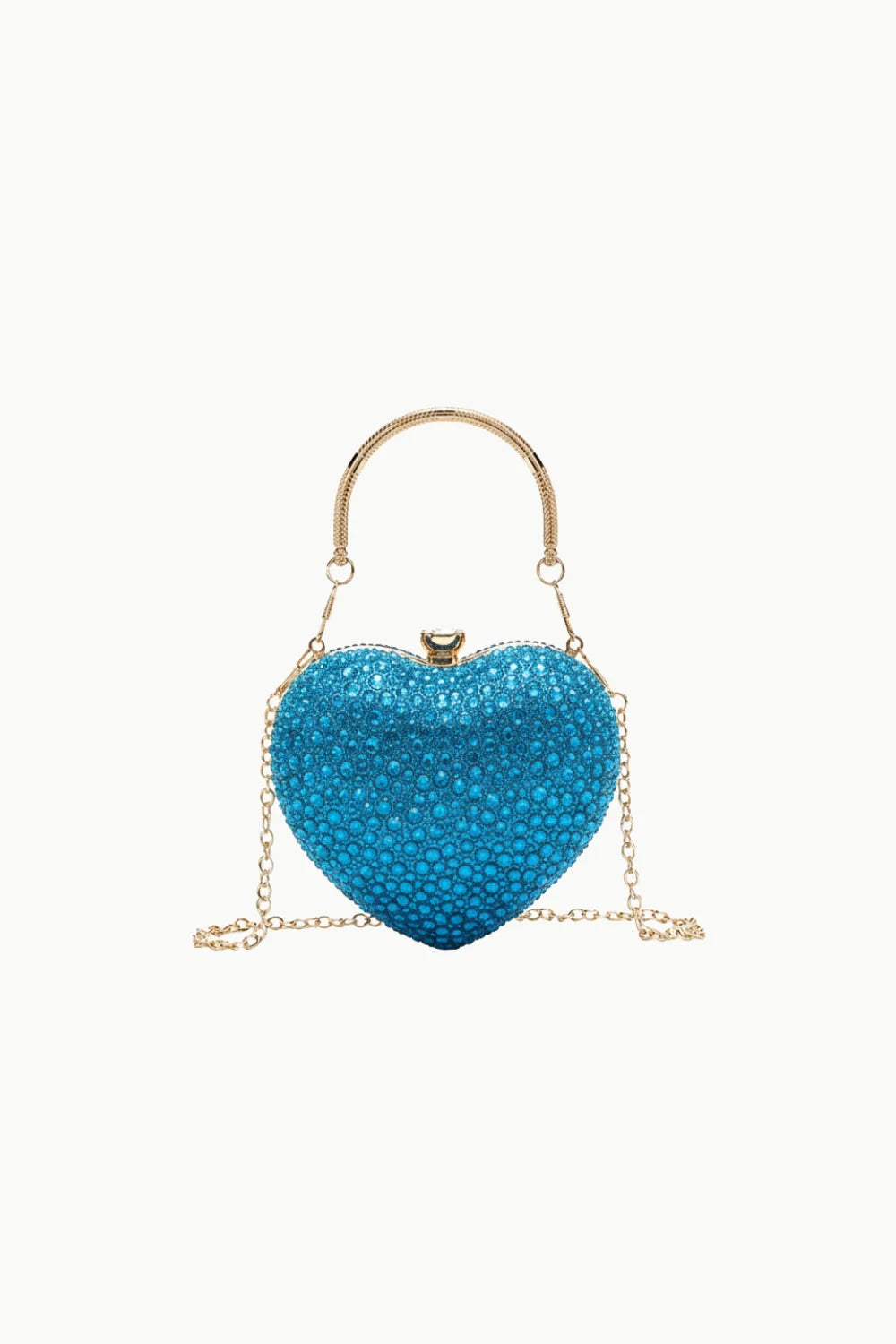 Heart shaped beaded bag with rhinestones, detachable chain, and gold-tone top handle