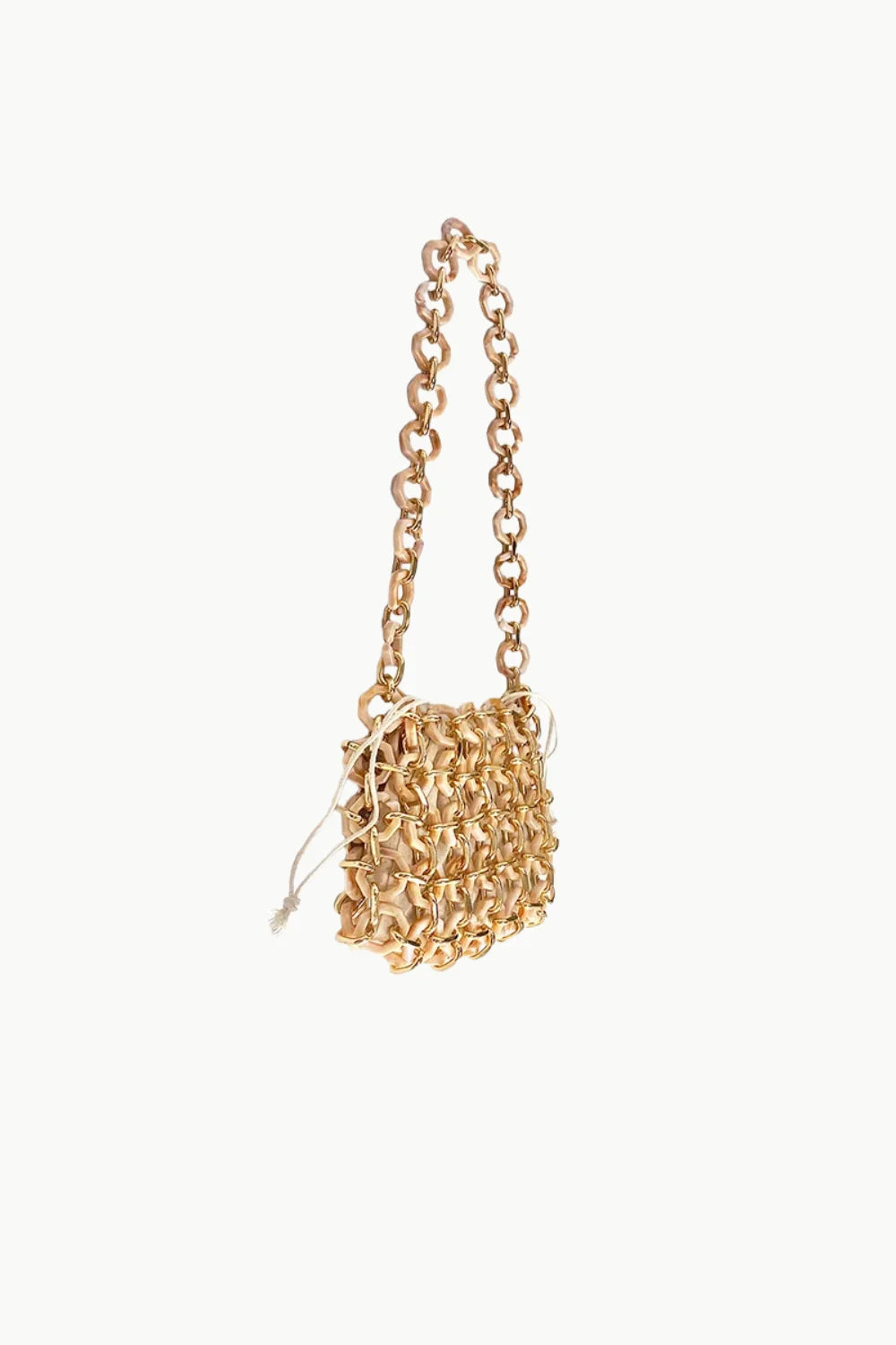 Gold-colored chainmail shoulder bag with thick chain strap, Ivory Beaded Bag style