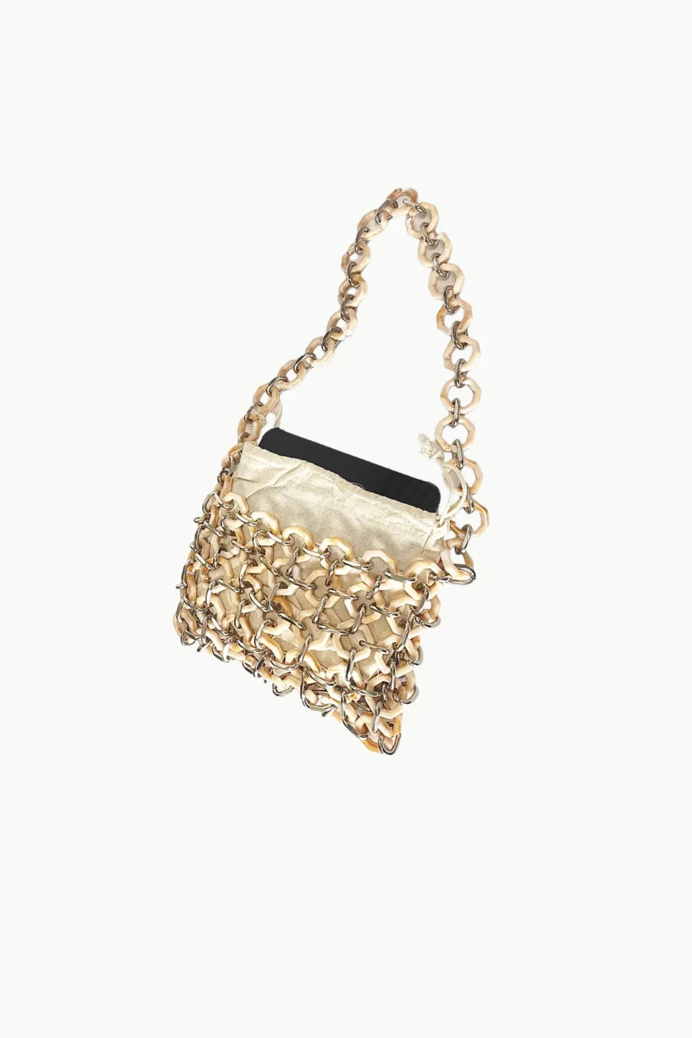 Gold-toned metal mesh shoulder bag with thick chain strap, Ivory Beaded Bag style