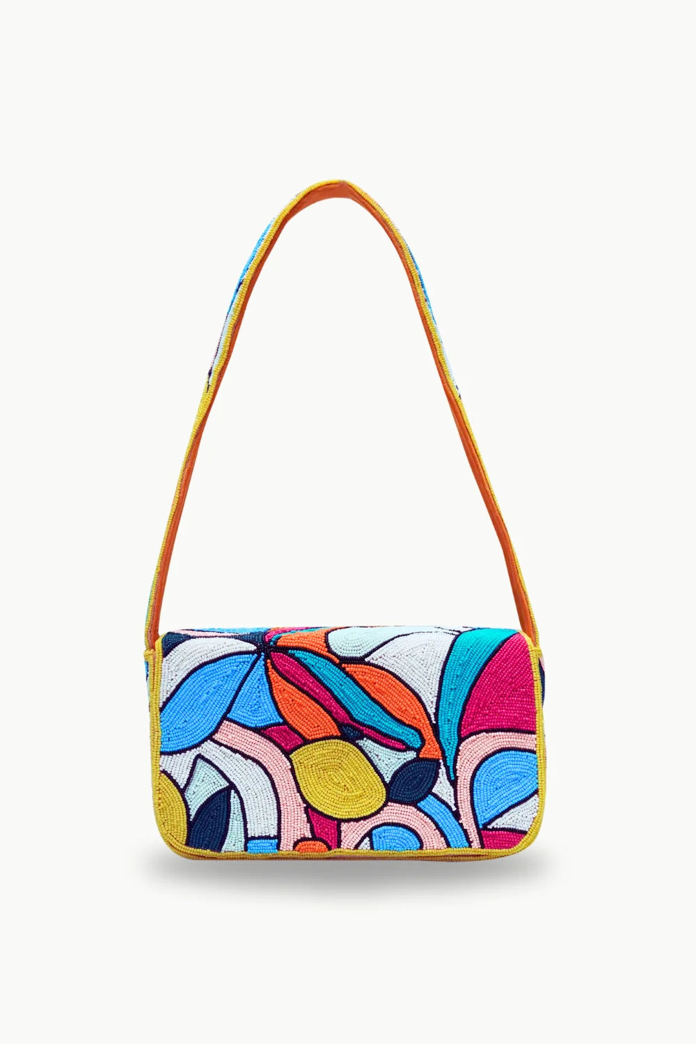 Vibrant multicolored beaded bag with abstract floral design and yellow strap for Lemon Beaded Bag
