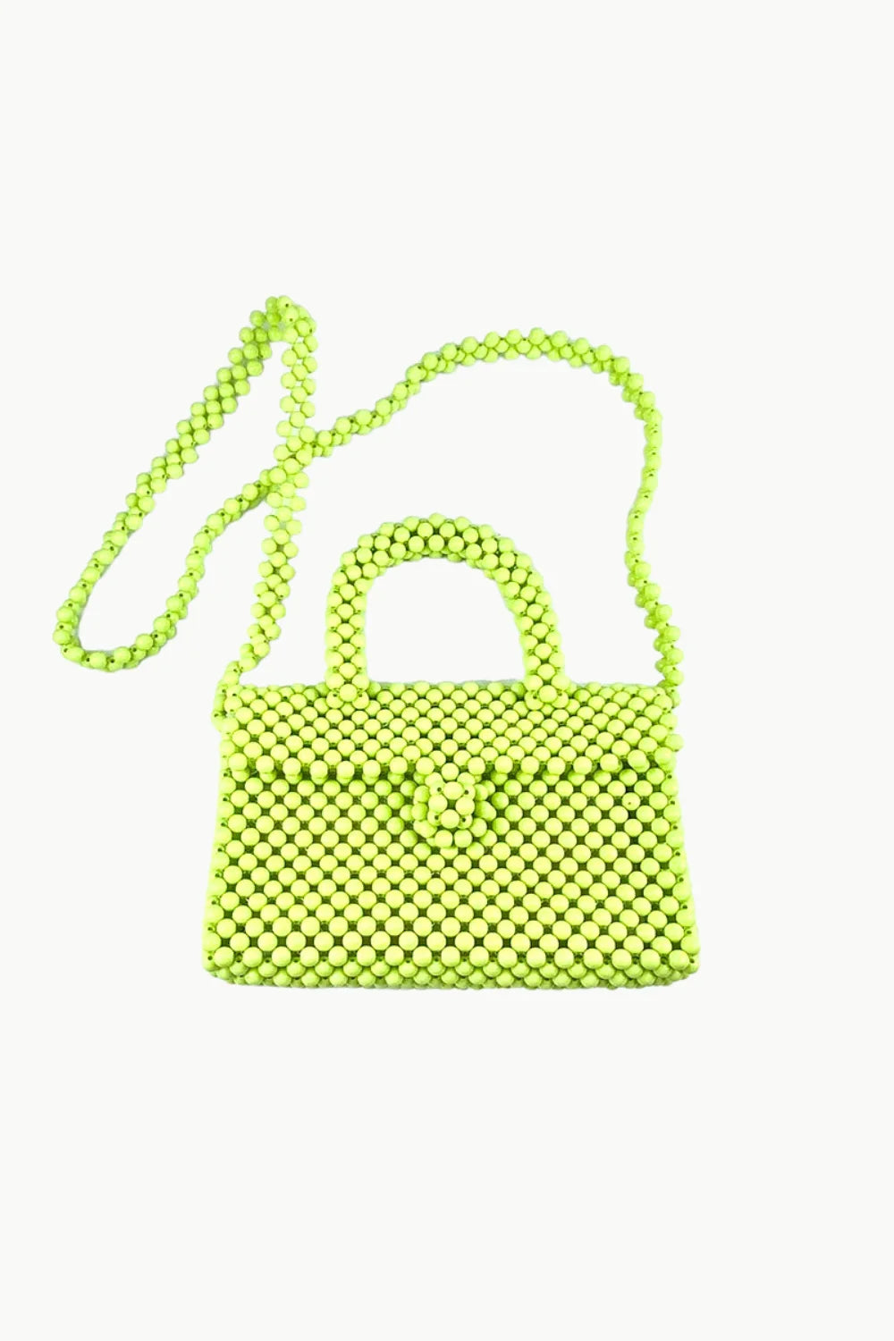 Neon green beaded handbag with top handle and shoulder strap, Light Green Beaded Handbag