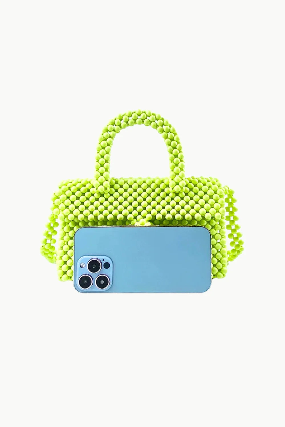 Light green beaded handbag with top handle and detachable shoulder strap