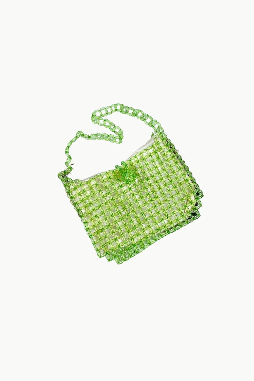 Vibrant green beaded shoulder bag with floral clasp for stylish accessory look