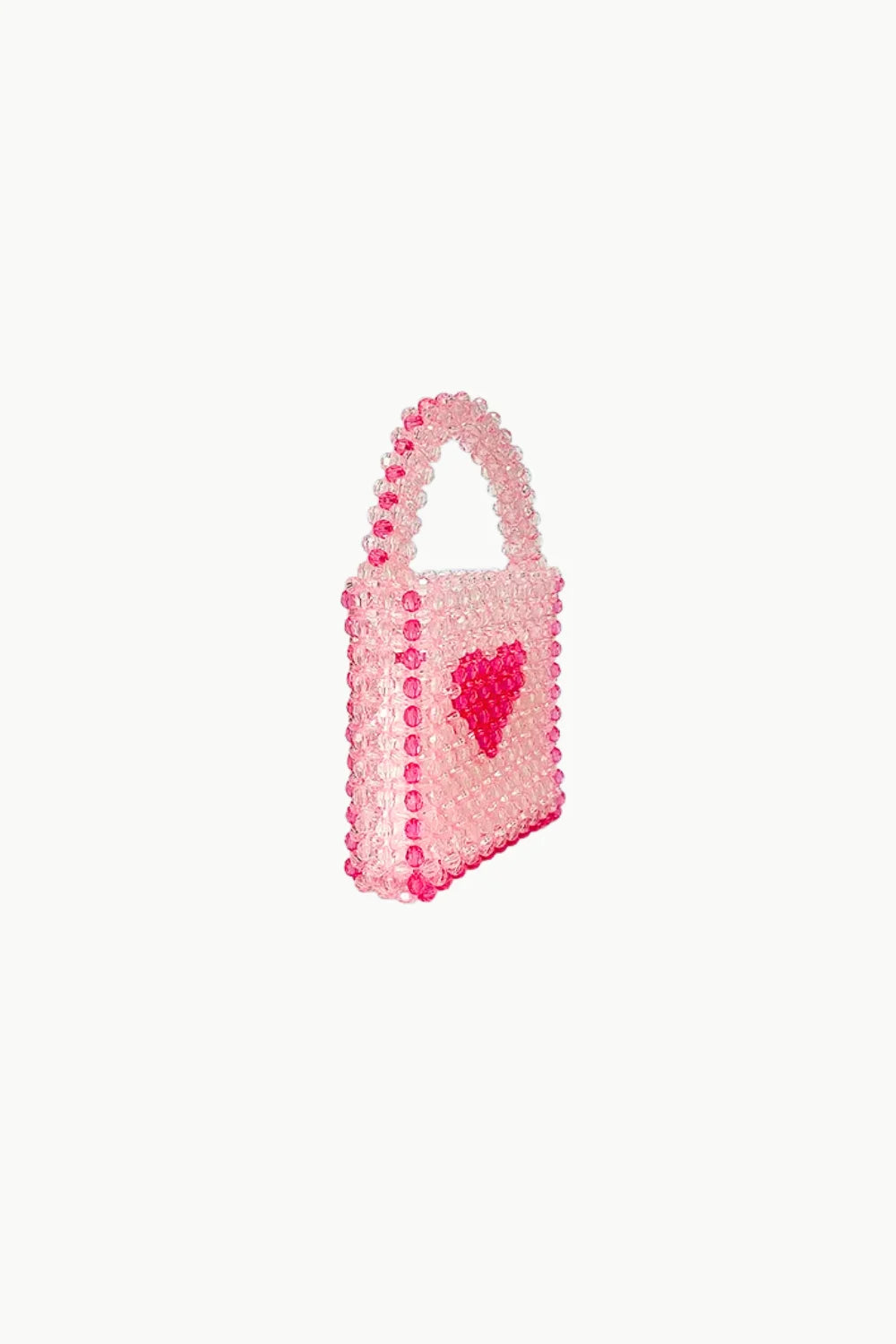 Pink beaded bag with fuchsia heart design, stylish light pink beaded bag accessory