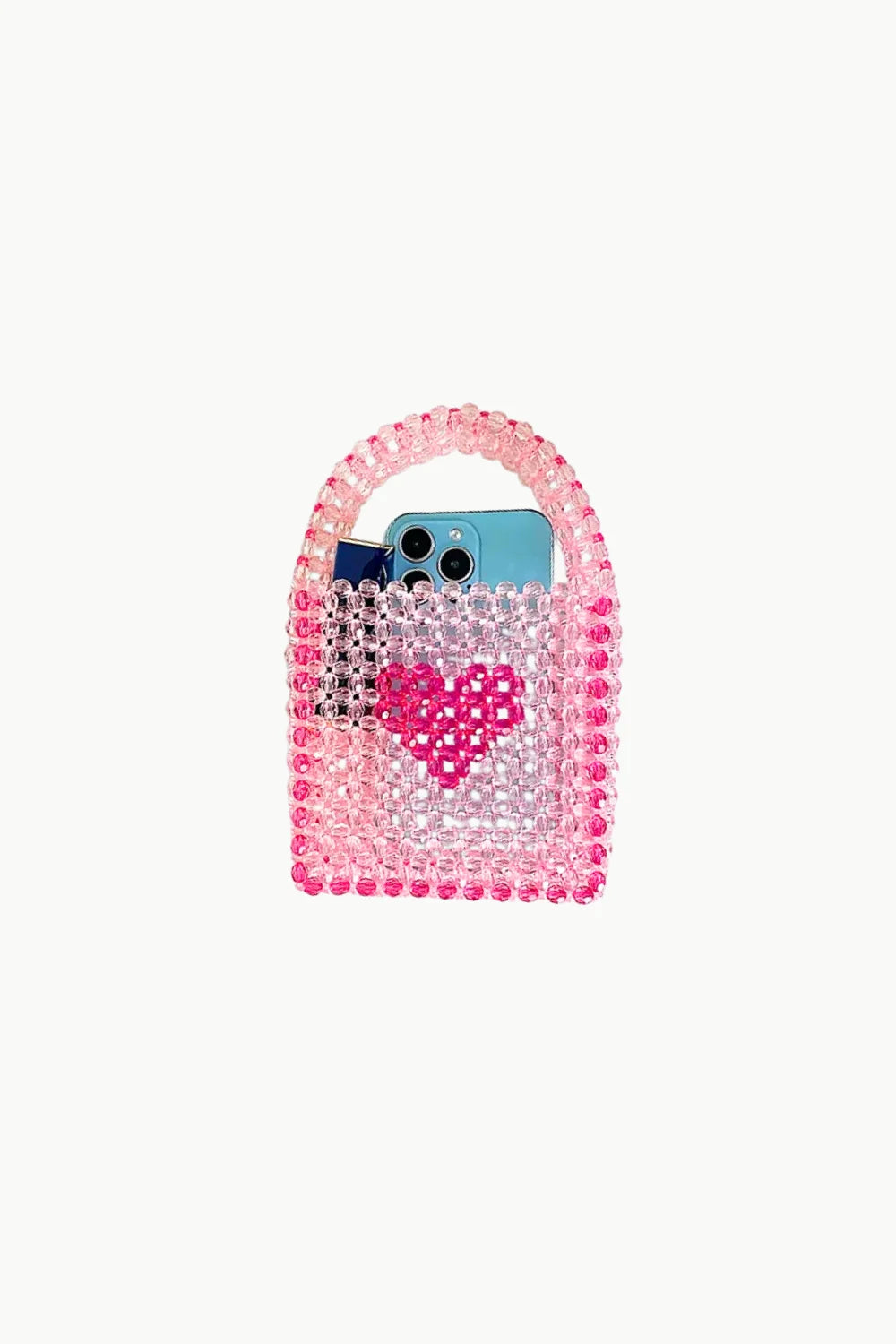 Pink beaded bag with heart design holding phone and small item, stylish beaded bag