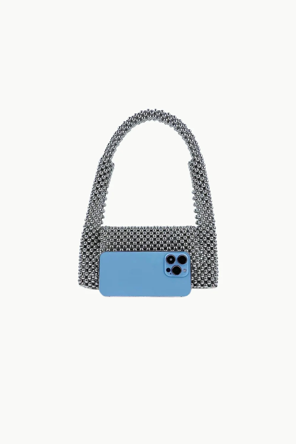 Silver metallic bead purse with top handle, stylish metallic bead mini handbag
