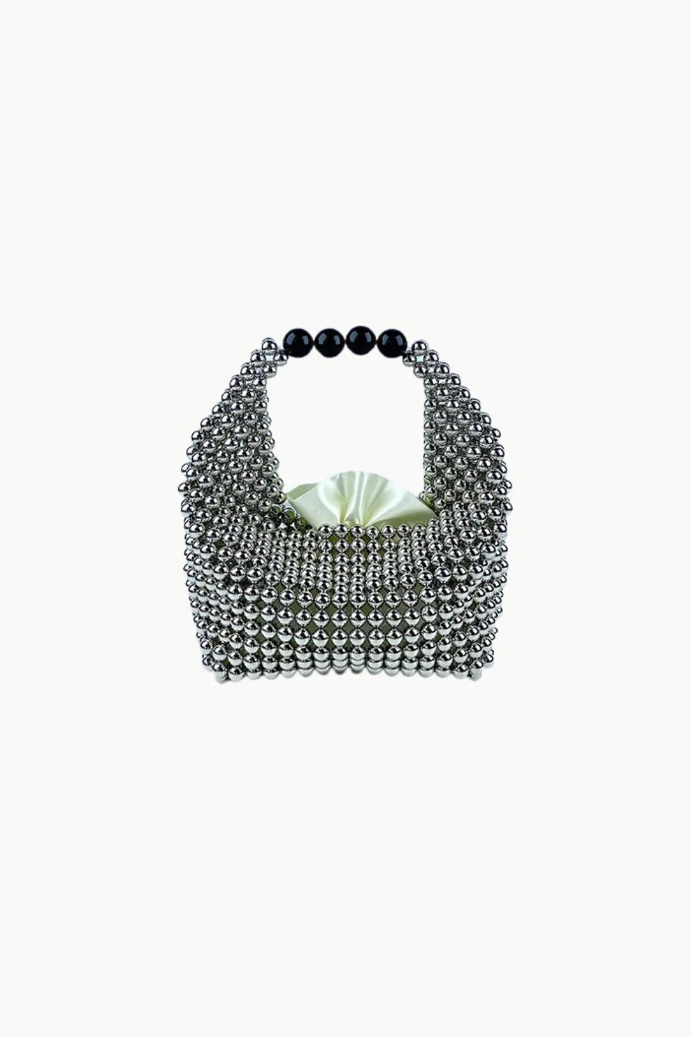 Silver metallic beaded bag with black beaded handle and cream fabric drawstring top