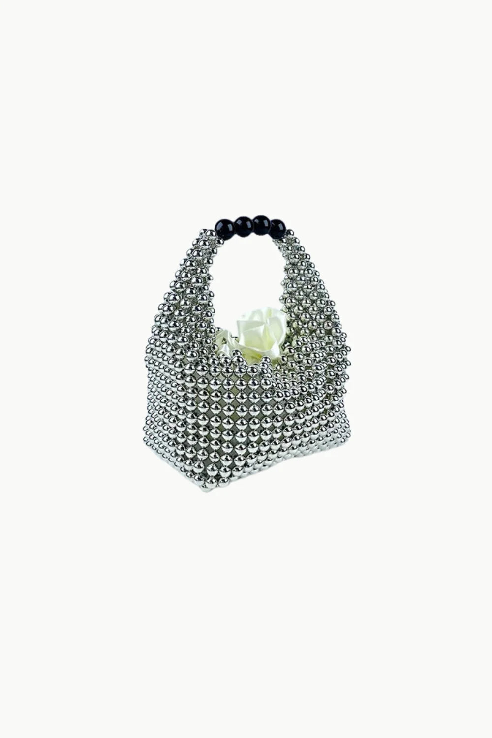 Silver metallic beaded bag with black spherical handles and light green translucent interior