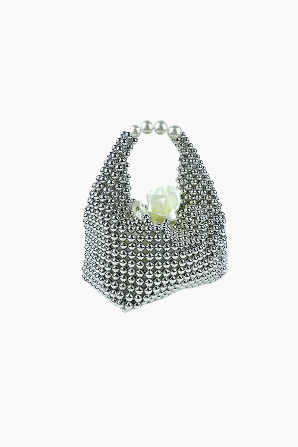 Silver metallic beaded bag with pearl handle and white fabric flower accent