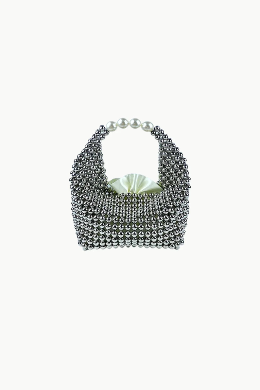 Silver metallic beaded bag with pearl handle and light green drawstring closure