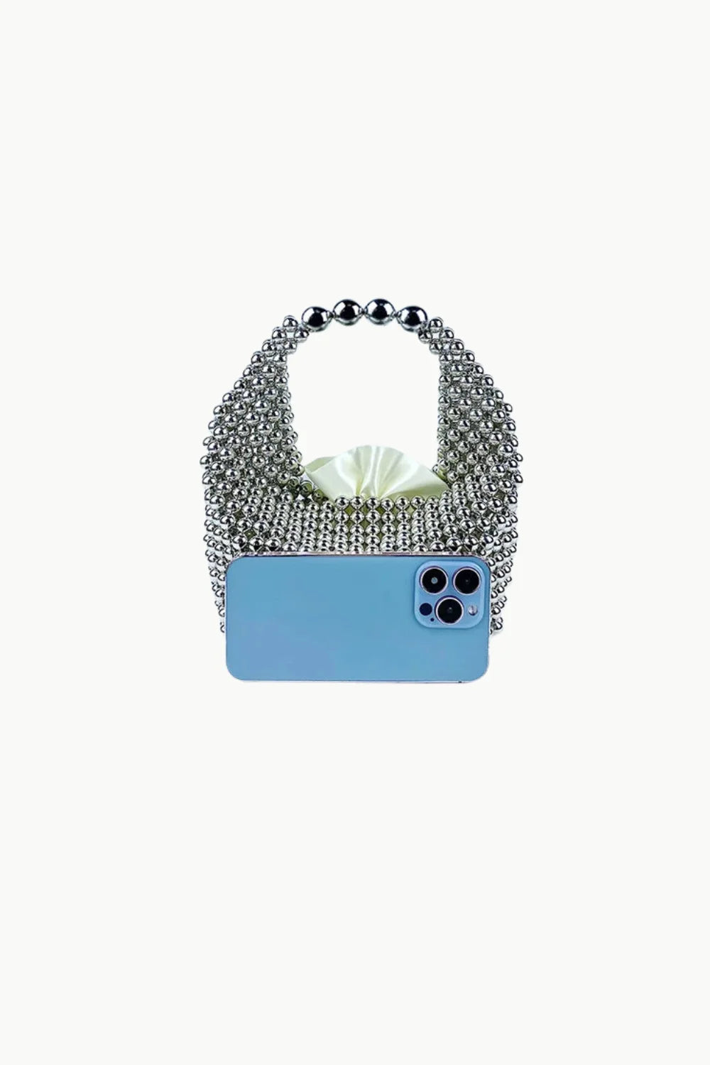Silver metallic beaded bag with white drawstring closure for stylish accessories