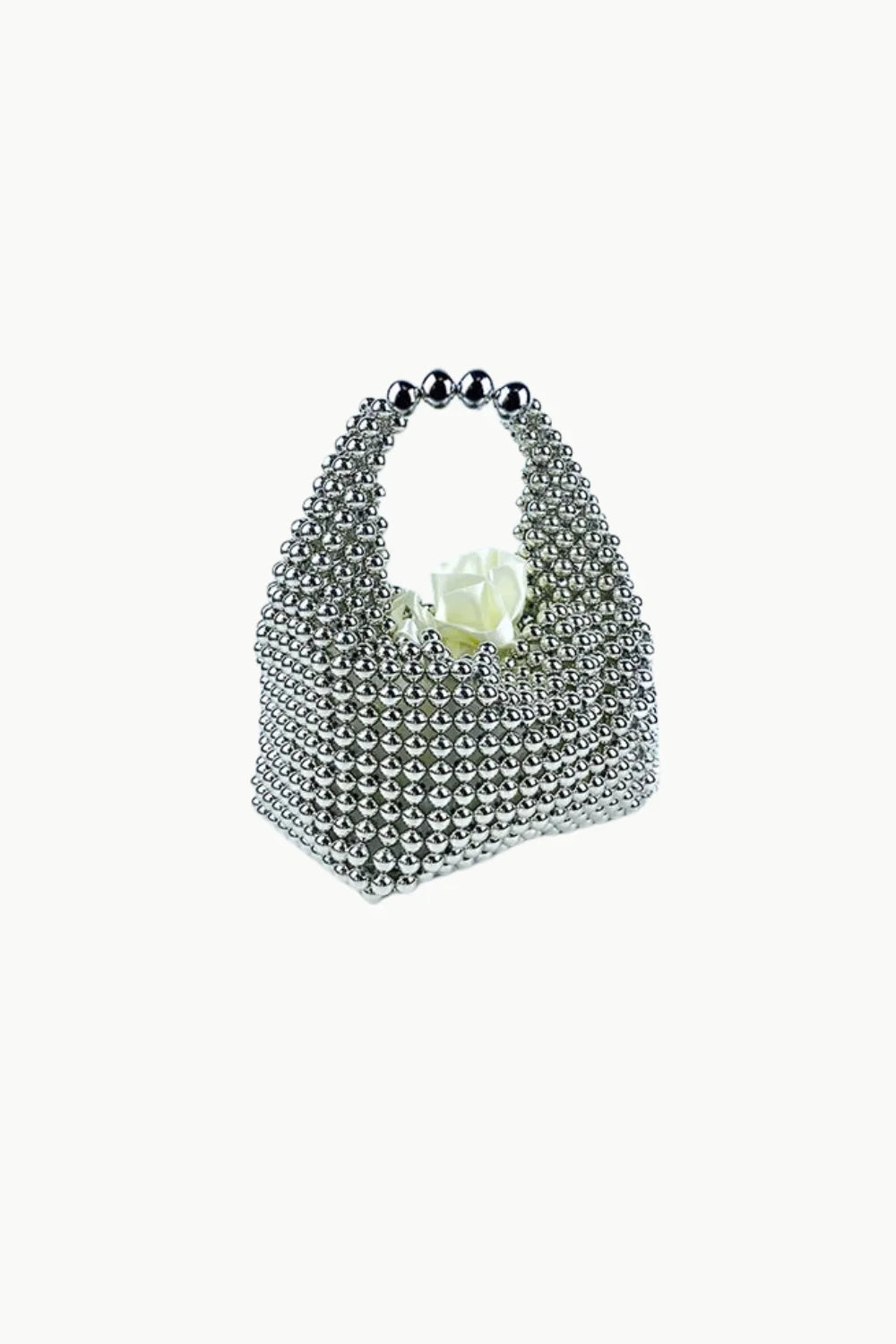 Silver metallic beaded bag with white floral accent, stylish metallic beaded bag accessory