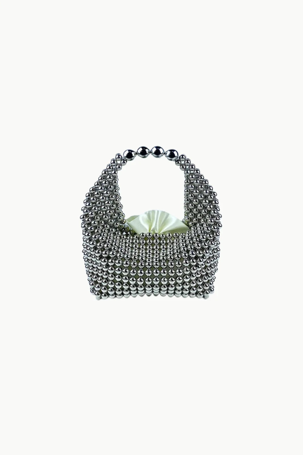 Silver metallic beaded bag with white ruffled lining, stylish metallic beaded bag accessory