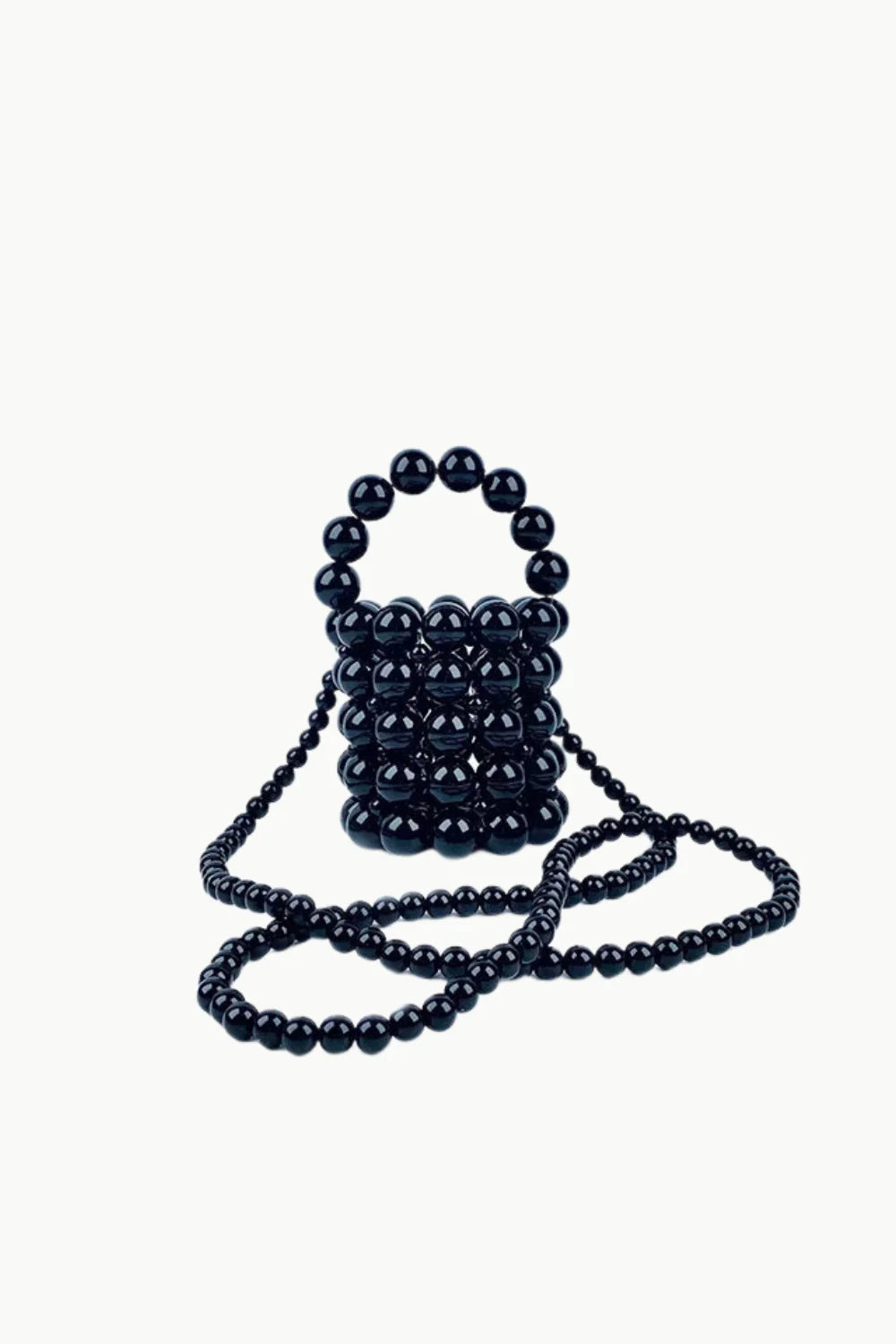 Black beaded bucket bag with long shoulder strap, stylish mini beaded bucket bag