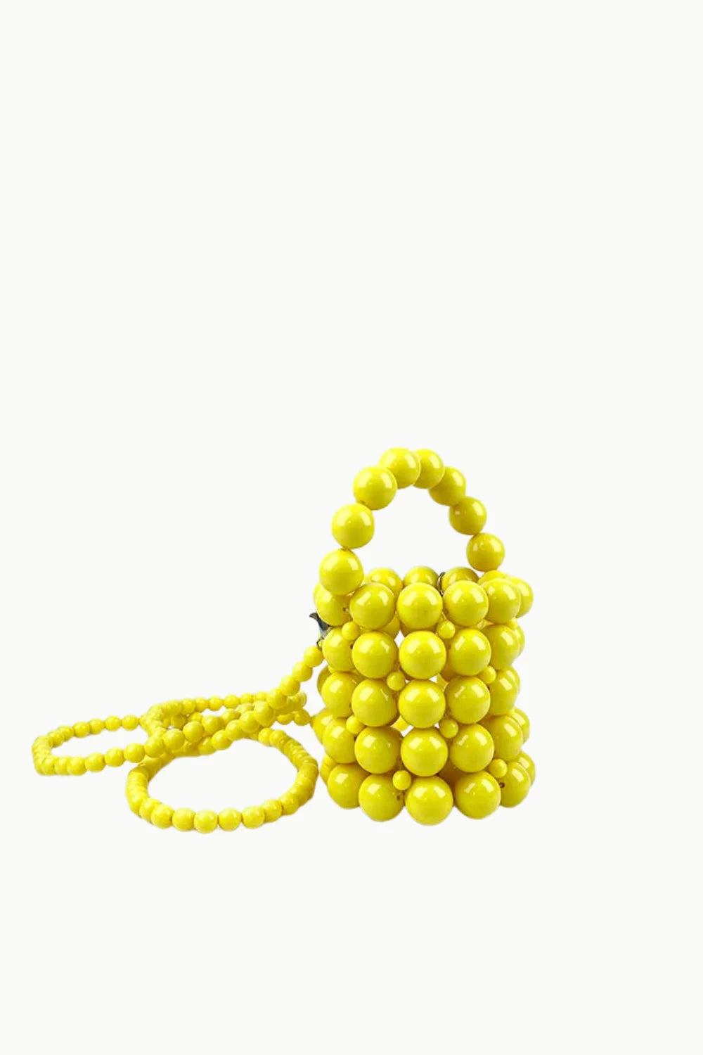 Bright yellow beaded bucket bag with a long strap, perfect for stylish beaded bucket looks