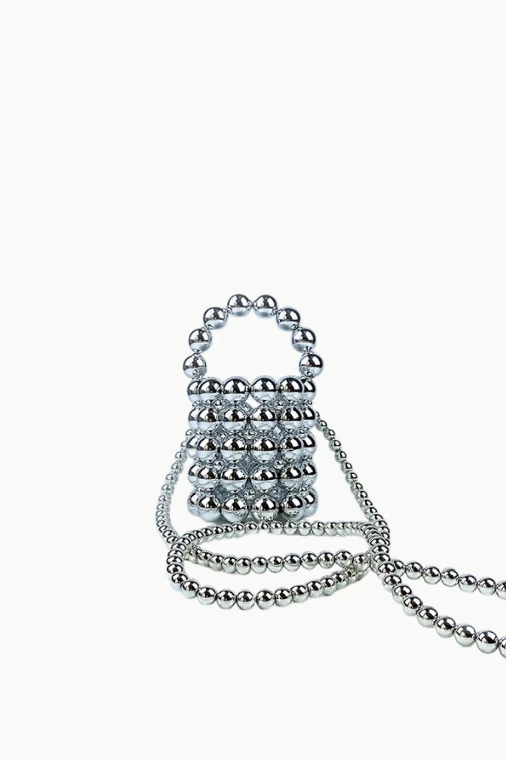 Mini Beaded Bucket Bag with silver beads and long strap, perfect beaded bucket style
