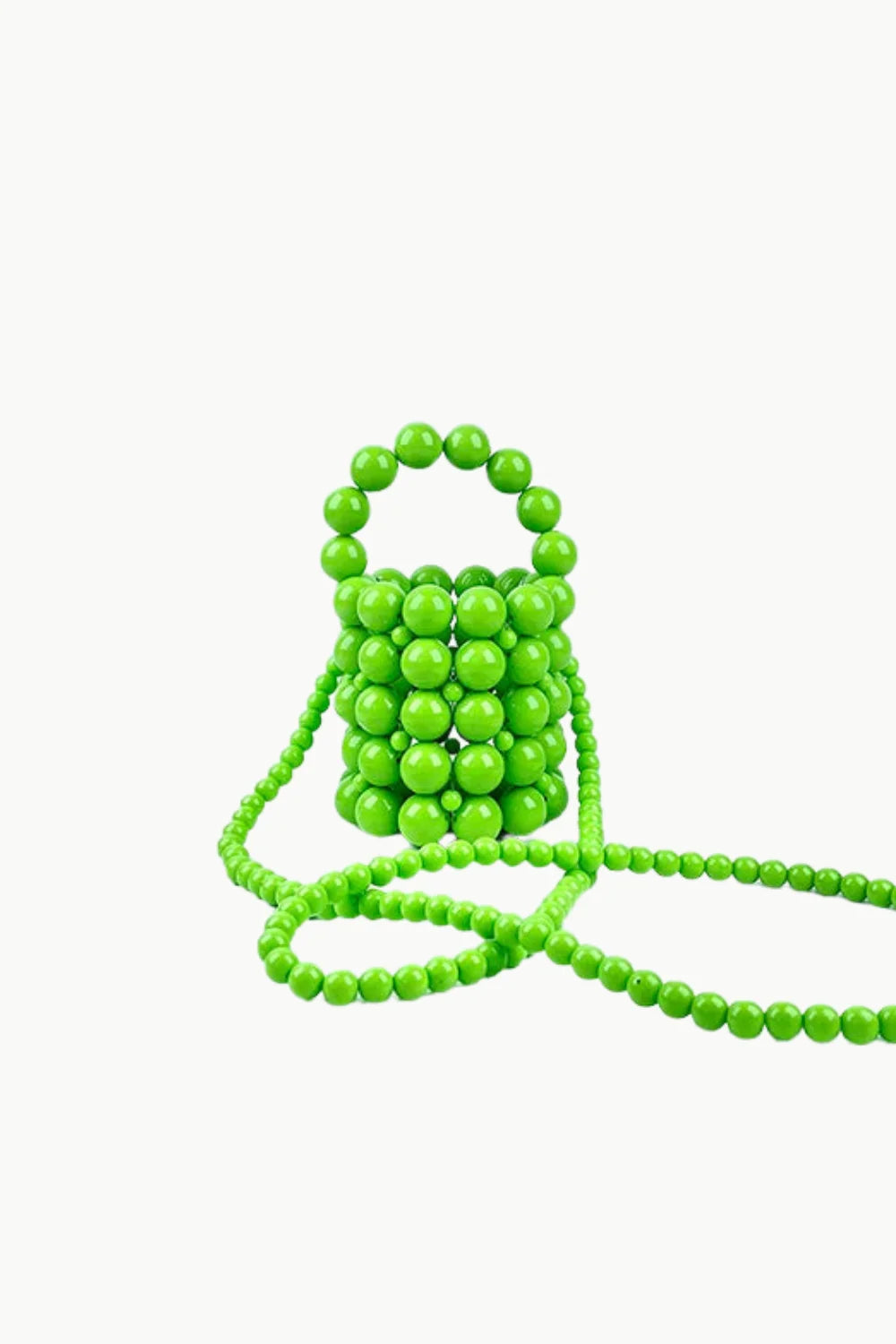 Vibrant green beaded bucket bag with top handle and long shoulder strap