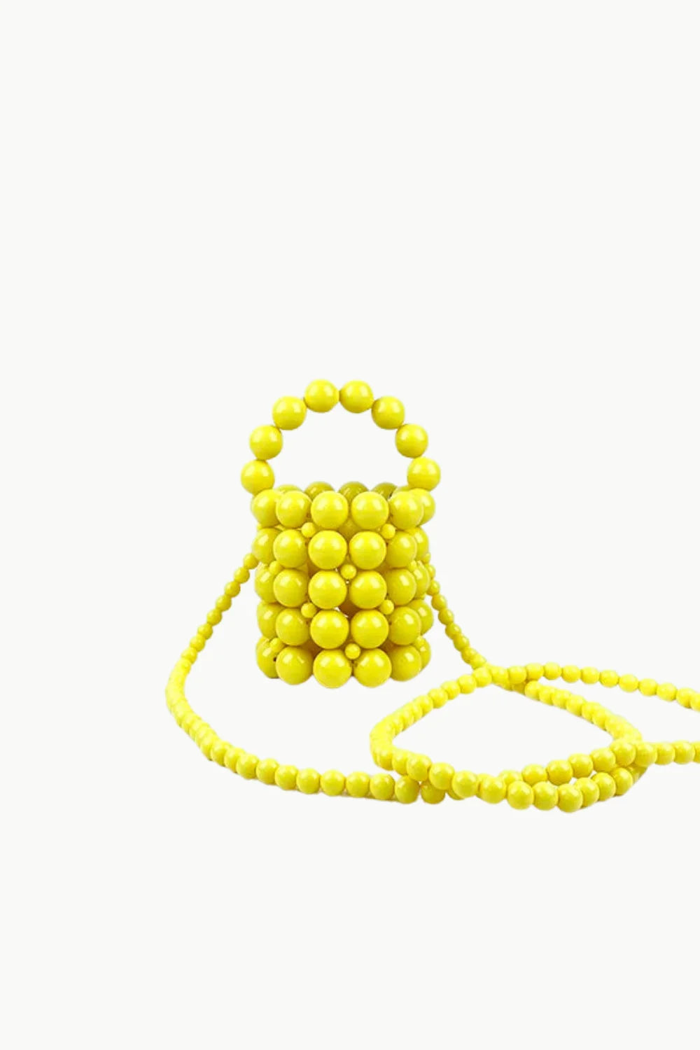Vibrant yellow beaded bucket bag with top handle and long strap, Mini Beaded Bucket Bag