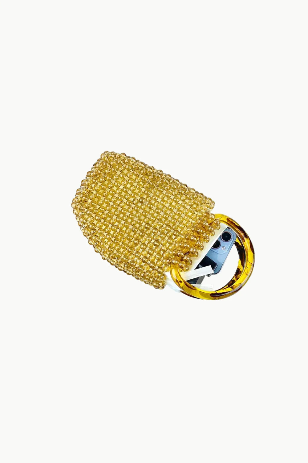 Golden beaded mini purse with tortoiseshell handle, stylish narrow beaded bucket bag