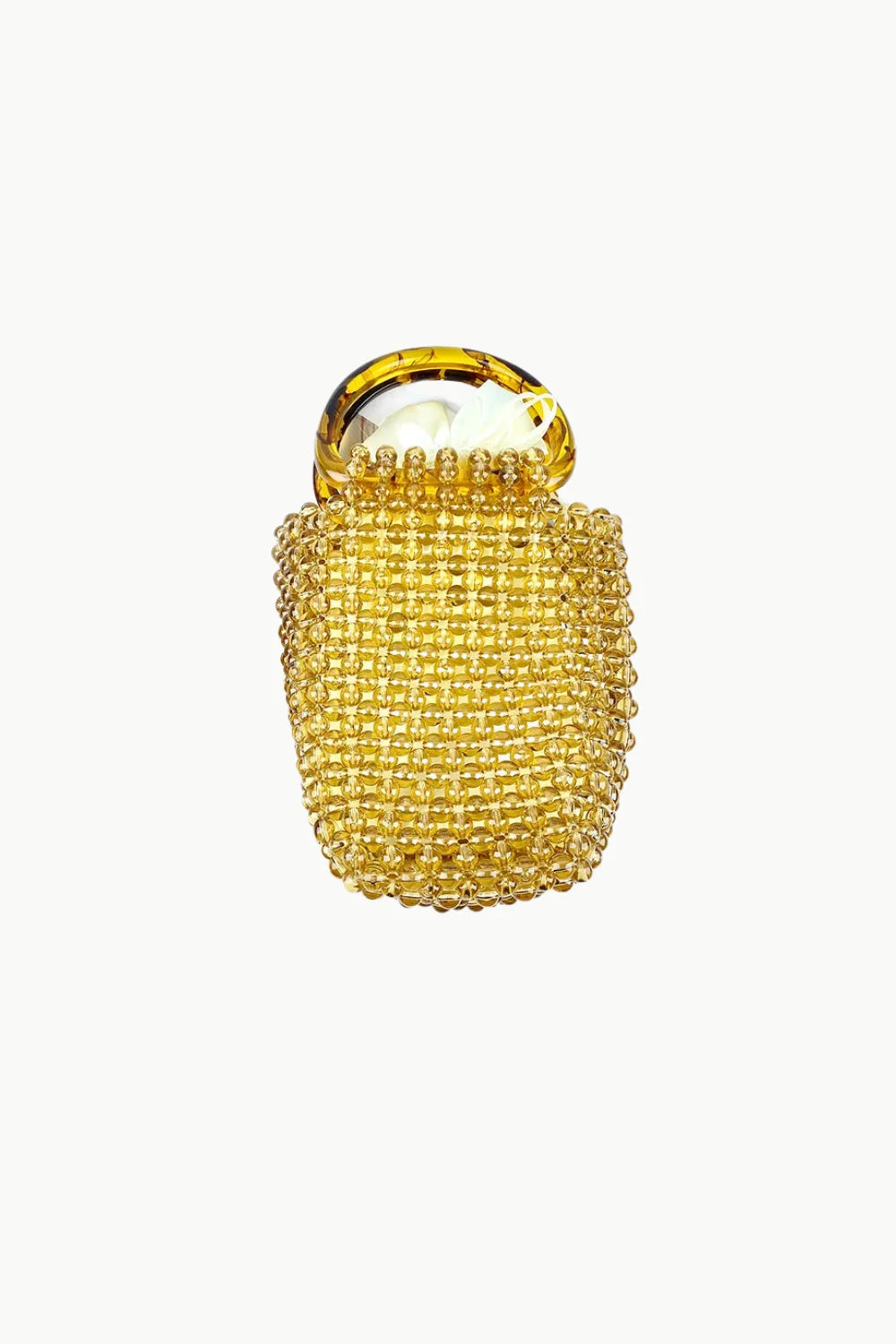 Golden perfume bottle with a round crystal cap displayed with a Narrow Beaded Bucket Bag