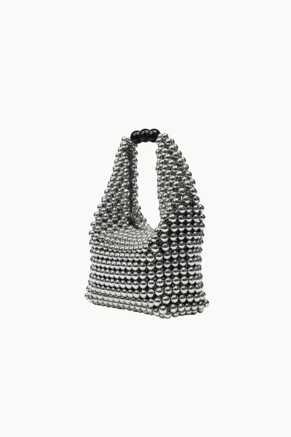 Shimmering silver beaded handbag with black handle from Old Beaded Handbags, perfect for womens fashion