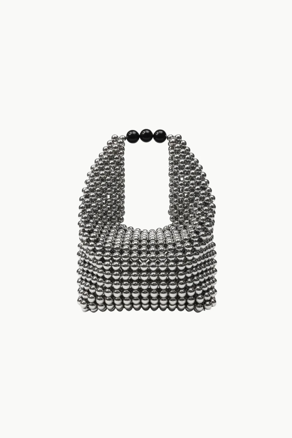 Silver beaded handbag with black spherical handles from Old Beaded Handbags, vintage beaded purses for womens fashion