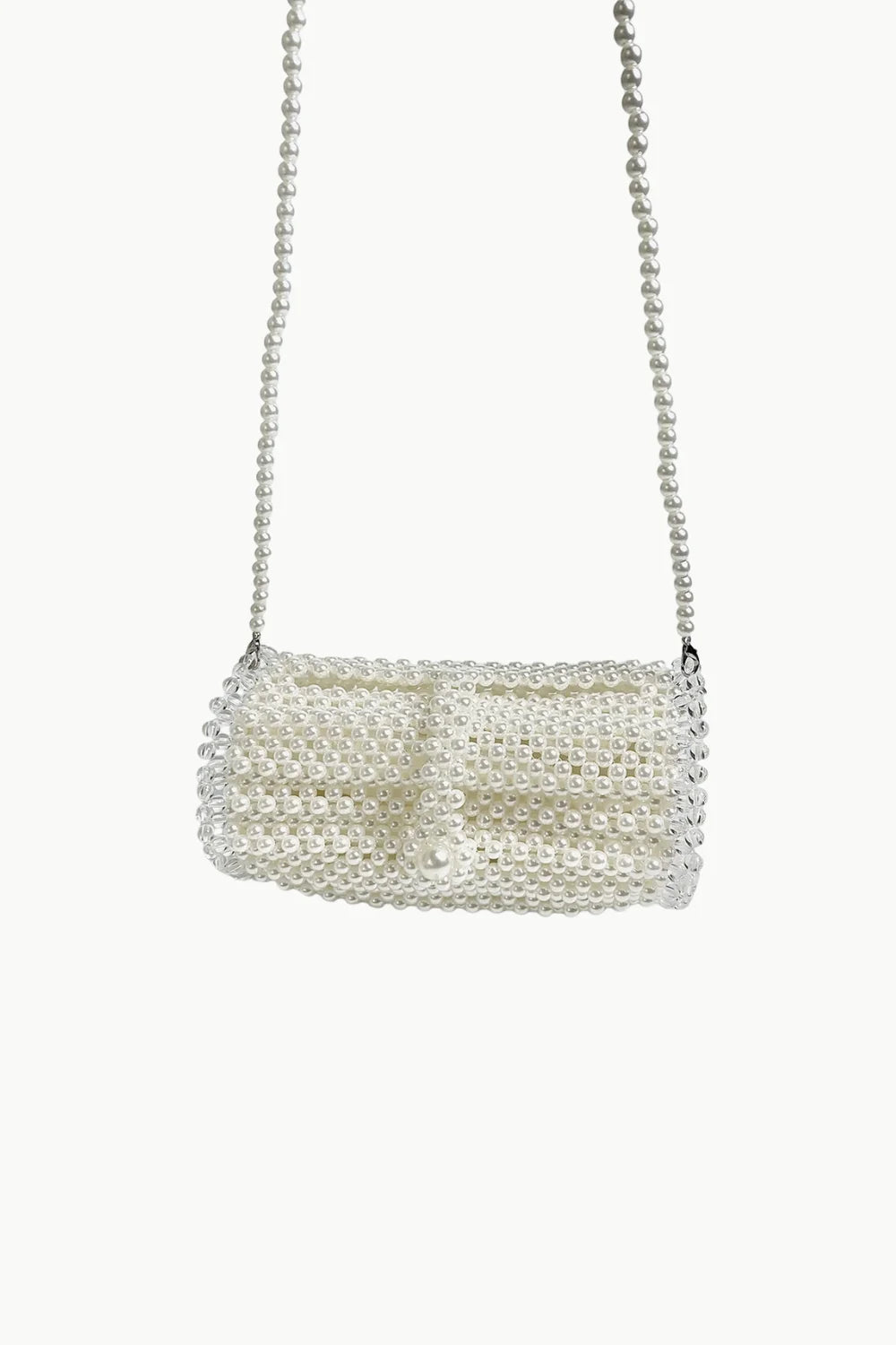 White pearl bag with chain and shoulder strap, perfect for elegant occasions