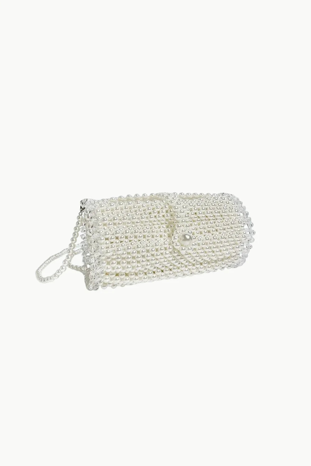 White beaded pearl bag with chain and wristlet strap for elegant style
