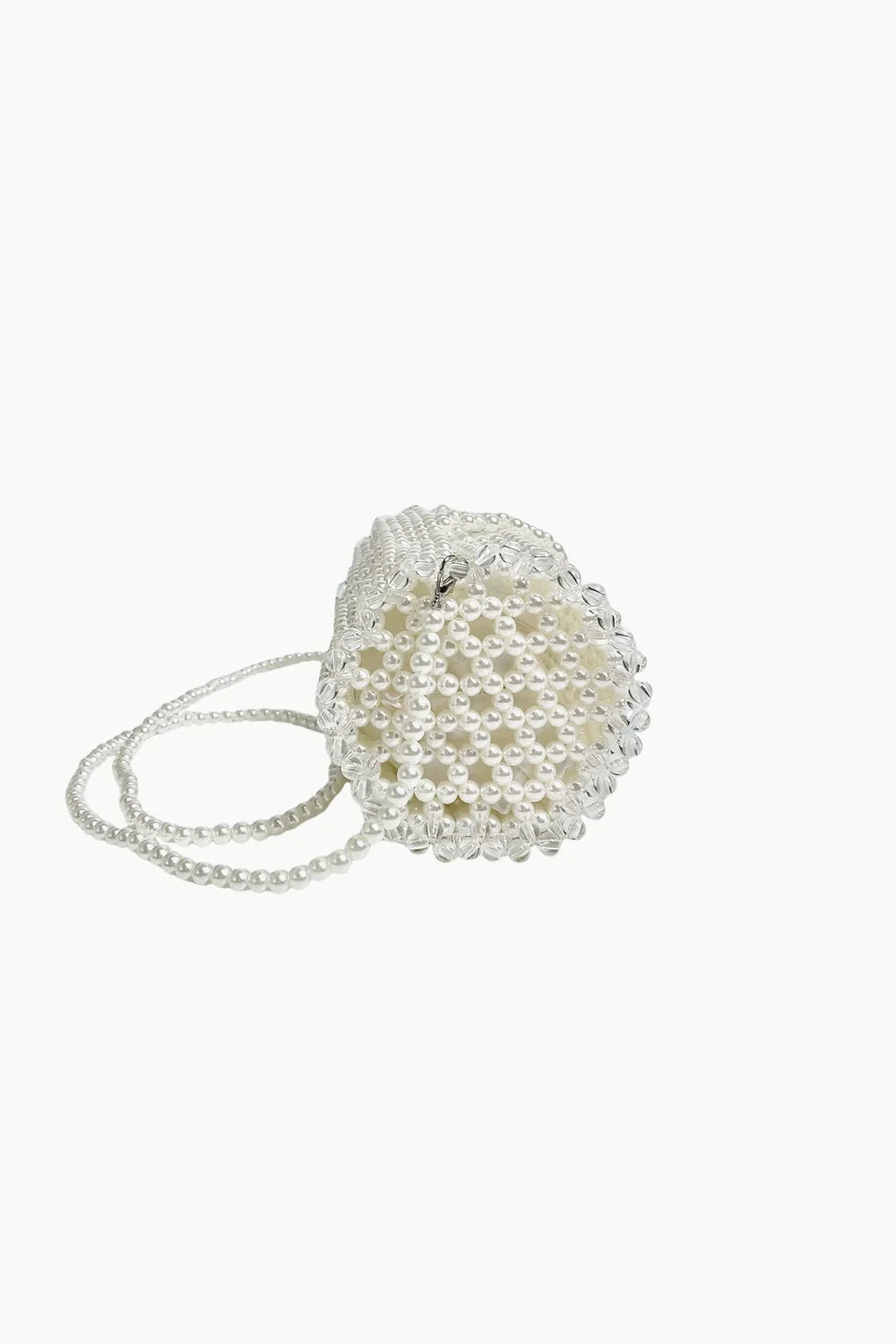 White beaded pearl bag chain pouch with a long strap for stylish accessory use