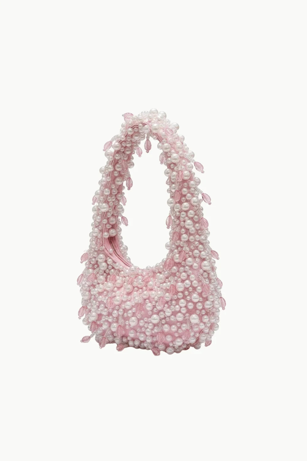 Pink beaded shoulder bag with leaf-shaped accents and pearl bag charm accessory