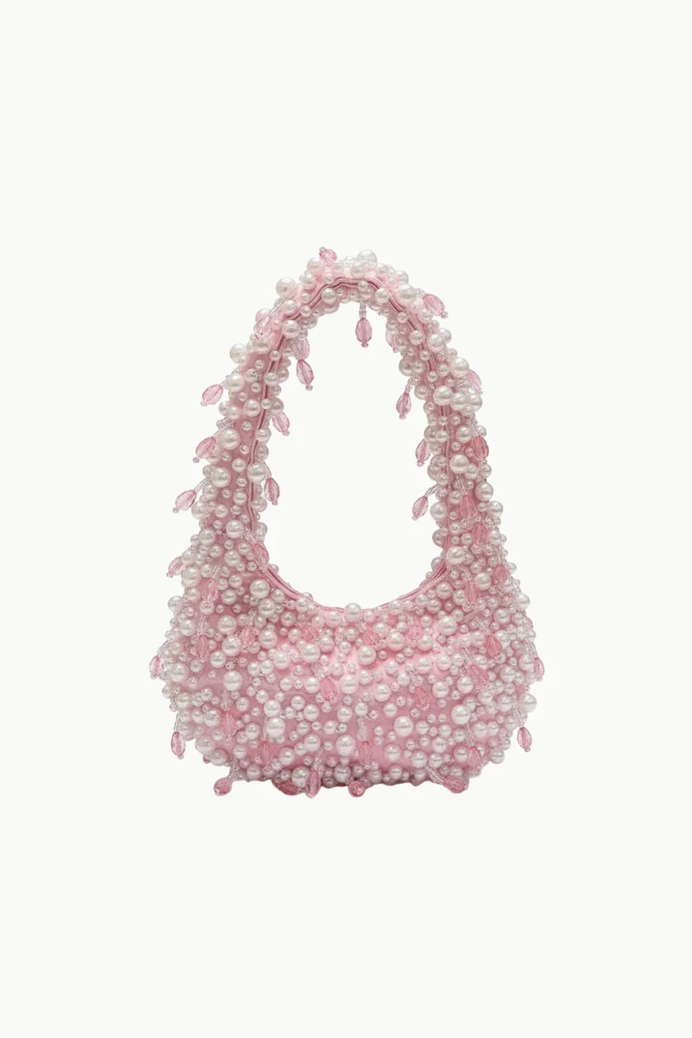 Pink shoulder bag with pearl bag charm and delicate leaf-shaped beads