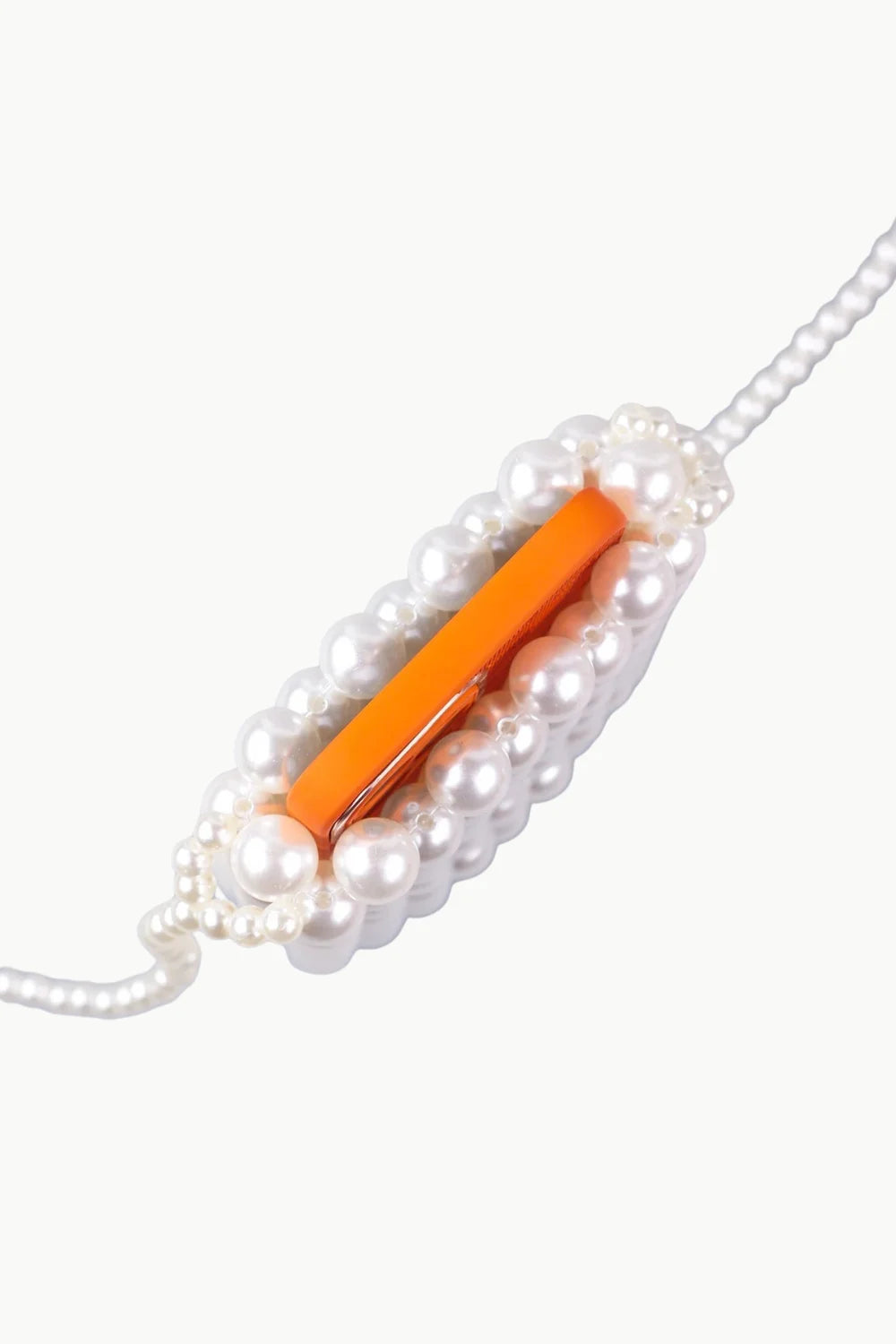 Orange rectangular bead on a pearl bag strap with white pearls for stylish accessory