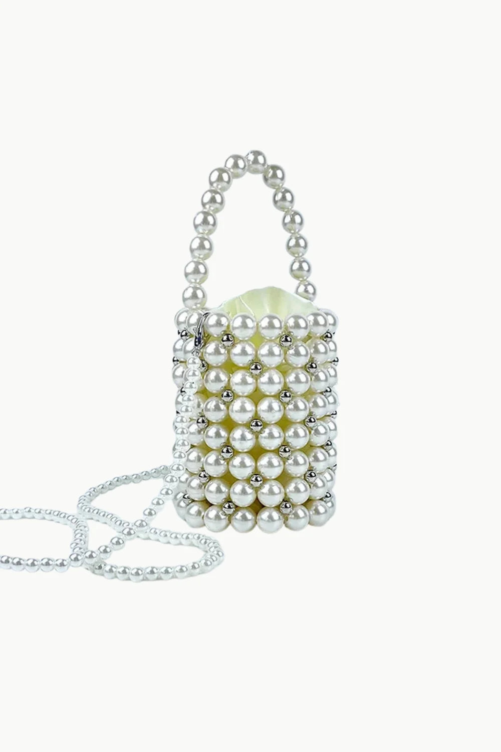 Pearl Bead Bucket Bag with white pearls and pearl-beaded shoulder strap for chic style