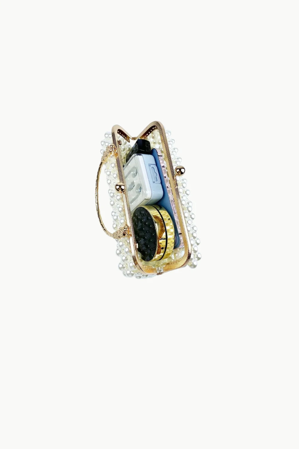 Pearl Bridal Bag with pearl-embellished metal frame clutch and cosmetics for weddings