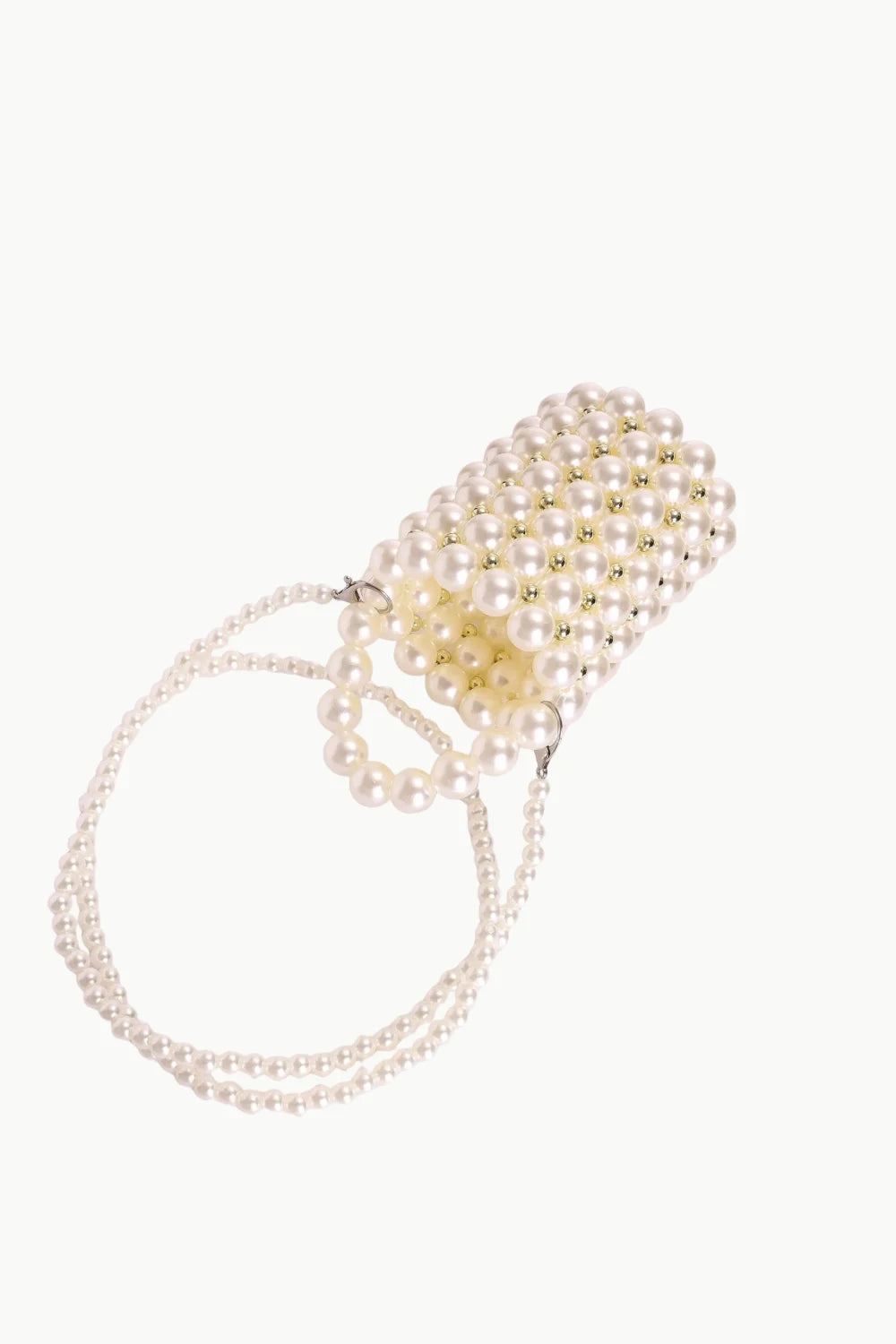 Beaded pearl bucket bag with long shoulder strap, stylish pearl bucket accessory