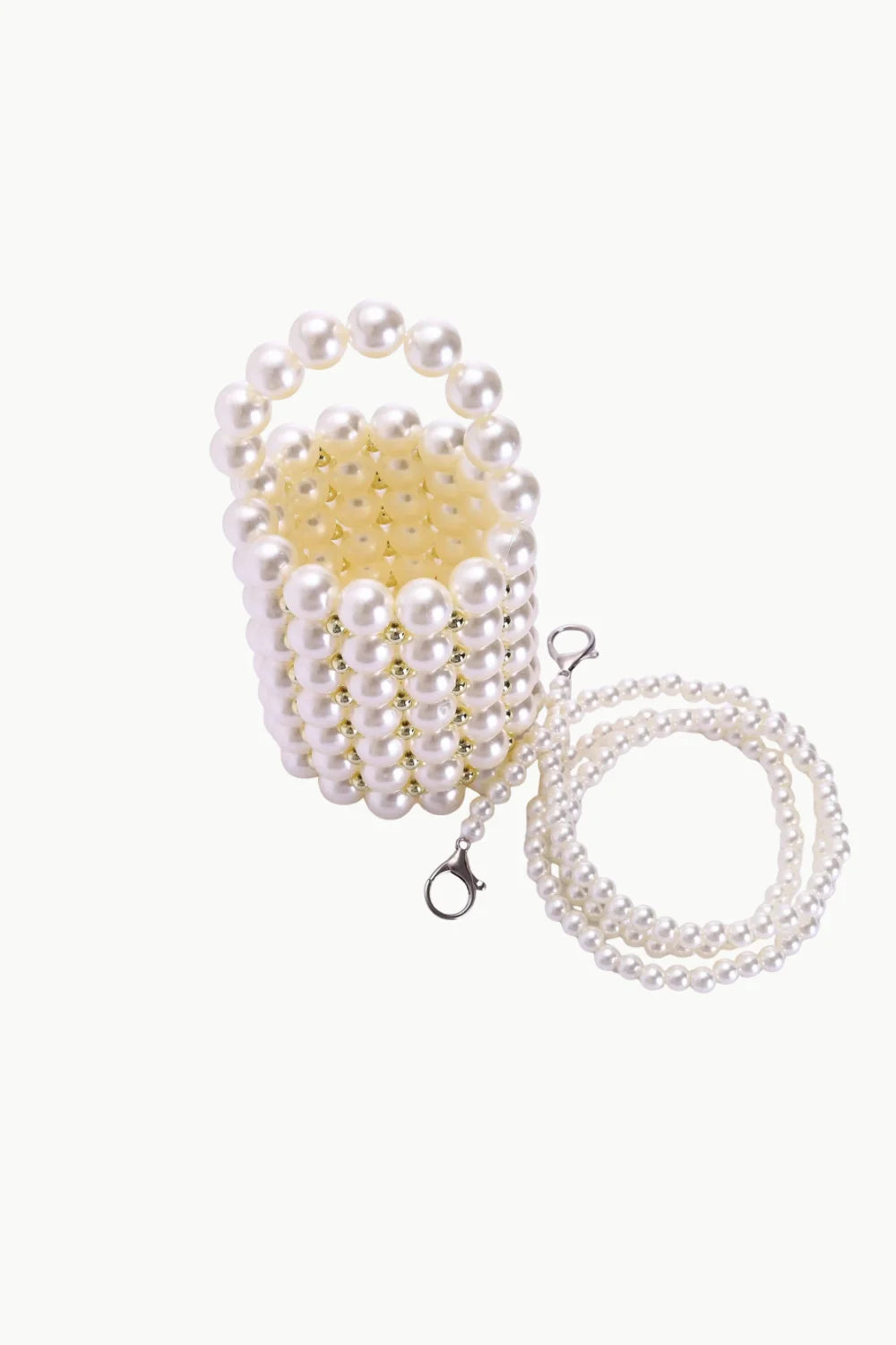 Pearl bucket bag with pearl beads and detachable long strap for elegant style