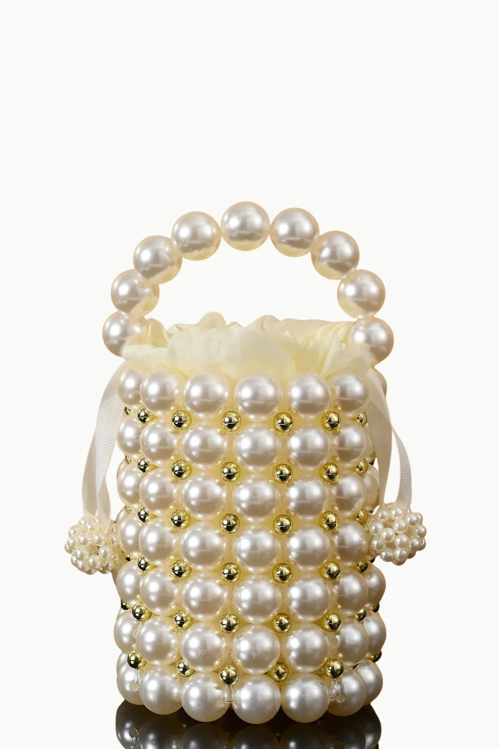 Pearl Bucket Bag with pearl-beaded cylindrical design and pearl handle for elegant style