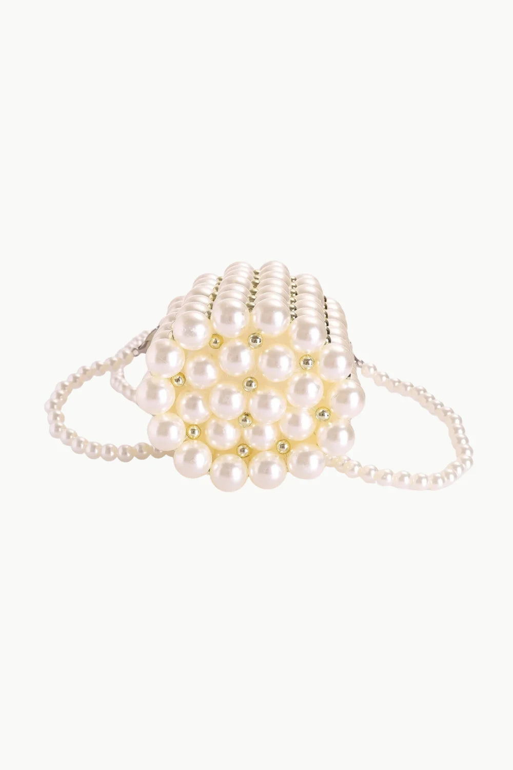 White spherical pearl bucket bag with long pearl strap, stylish pearl bucket bag accessory