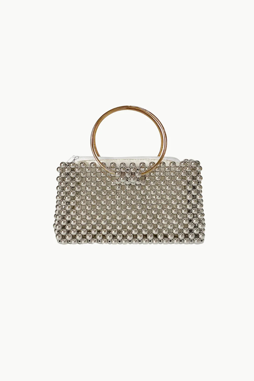 Silver beaded Pearl Cage Bag with gold ring handle, stylish cage bag accessory