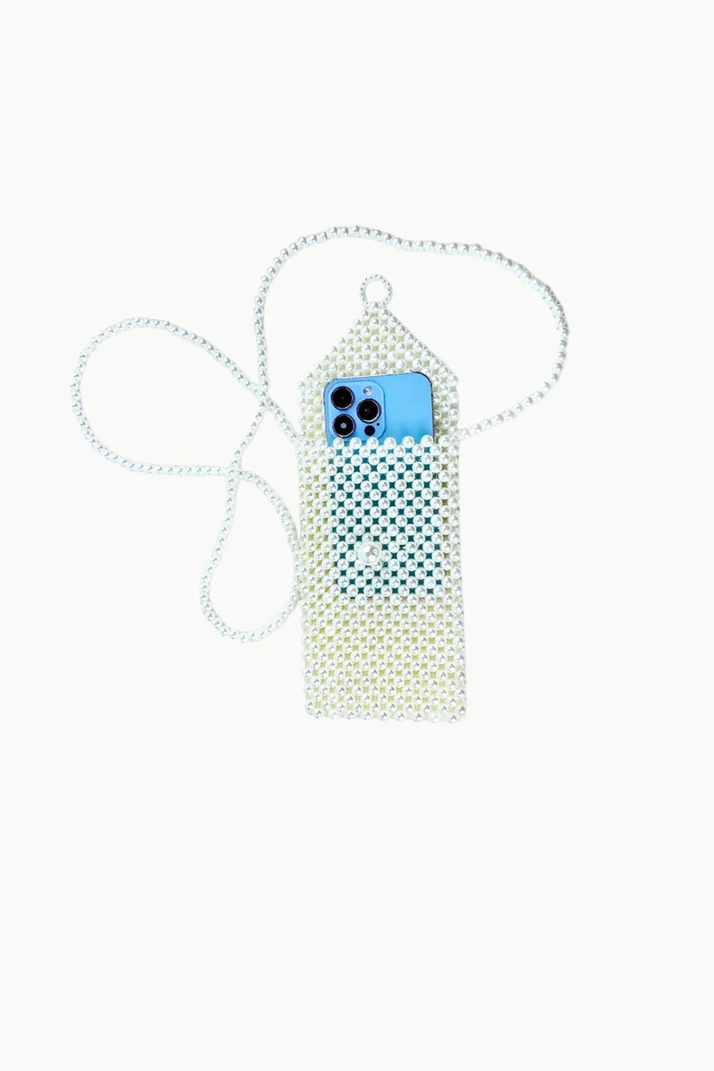 Pearl crossbody bag with beaded phone holder and long chain strap for stylish carrying