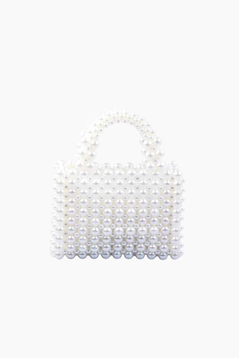 Small white pearl hand bag with beaded design and two top handles for elegant style