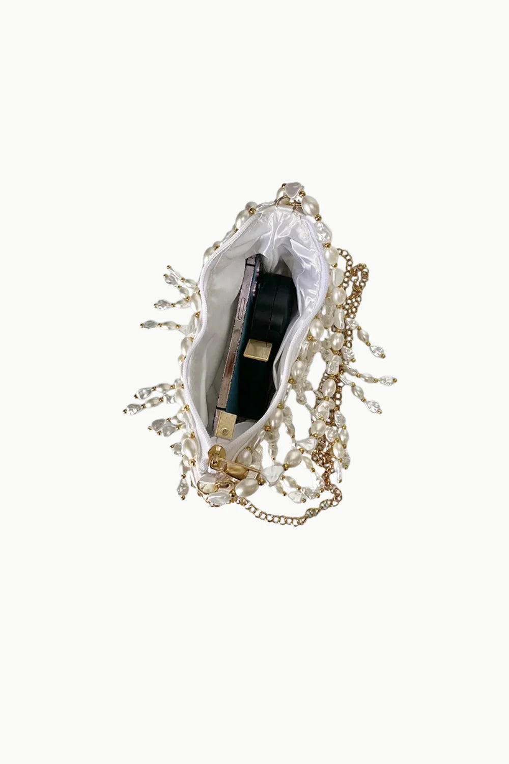 White pearl sequin bag with gold chain strap, stylish pearl sequin bag for evening wear