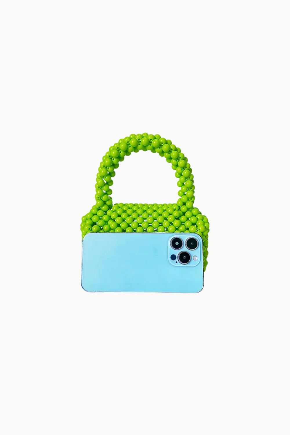 Vibrant green petite bead purse with light blue smartphone tucked inside