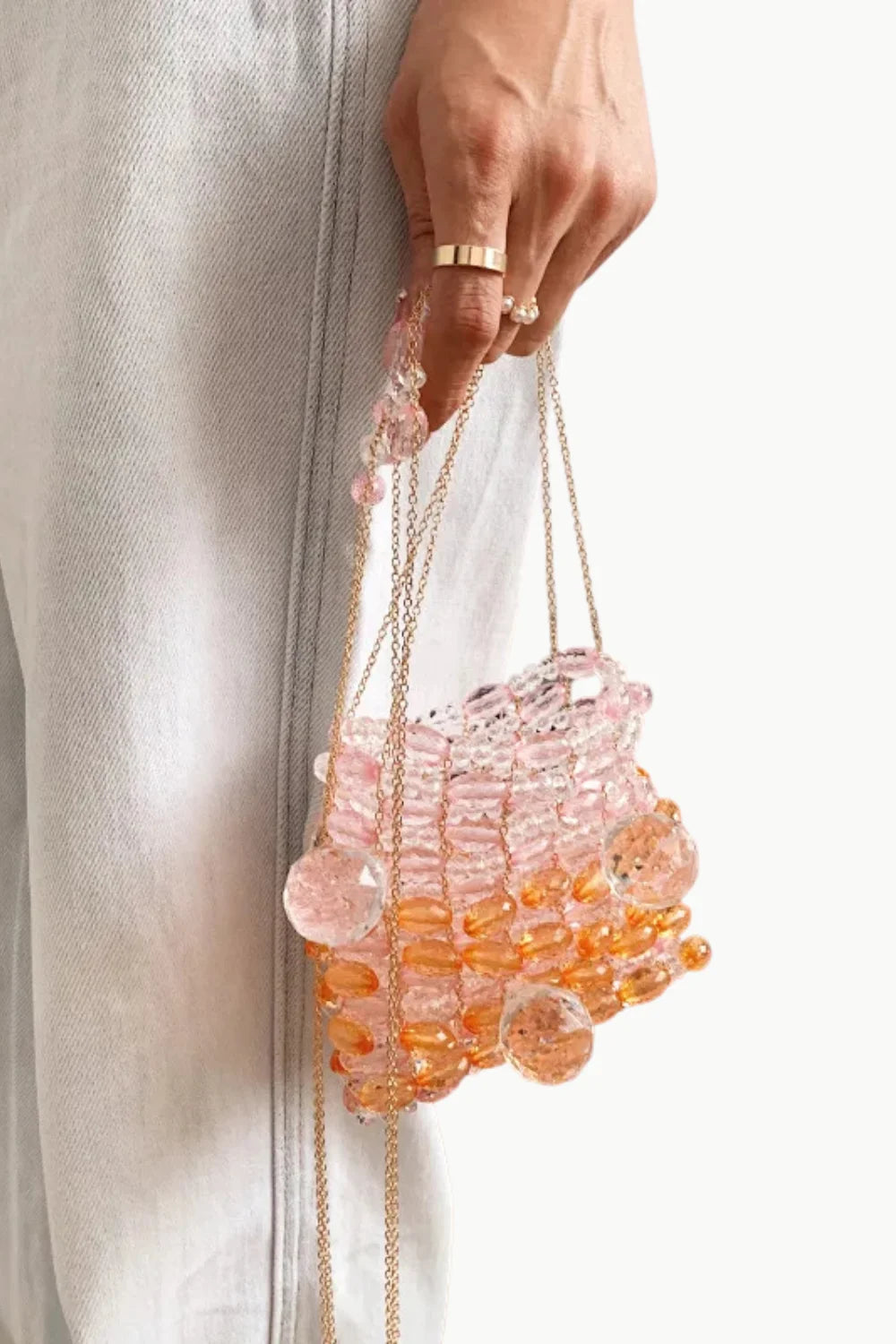 Ombre pink and orange beaded handbag with gold chain strap, perfect orange beaded bag