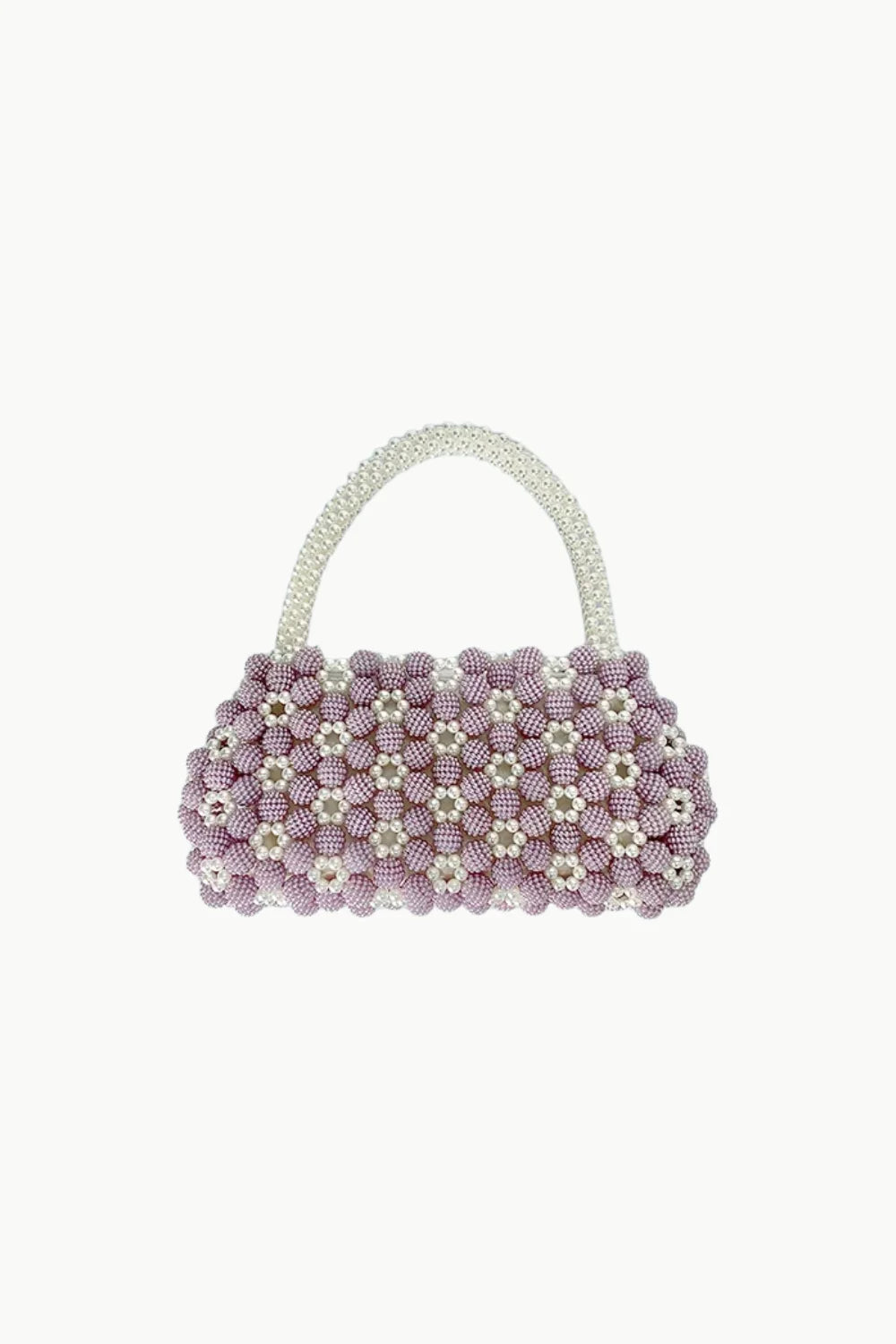 Pink and White Beaded Bag with white beaded handle and floral pattern for stylish accessory