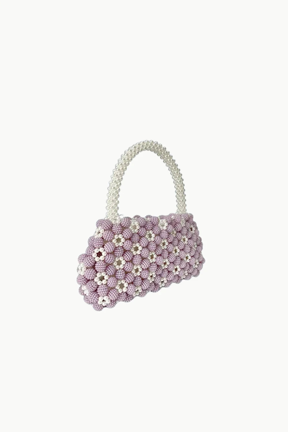 Lilac and white beaded handbag with pearl handle, stylish white beaded bag for women